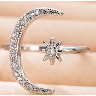                       Star and Moon Adjustable ring for Womens alloy Silver Plated Ring                                              