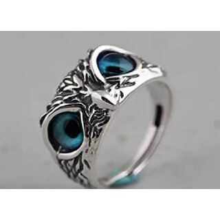                       Alloy Owl Face Cat Blue Eyes Animal Charm Adjustable Ring for Mens and Boys Alloy evil eye silver Plated Ring                                              