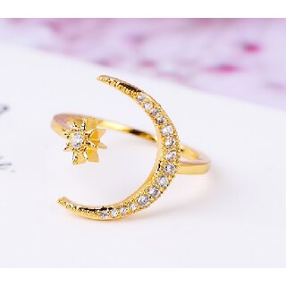                       Moon  Star Adjustable Ring For Women  Girls  Gold Plated Ring                                              