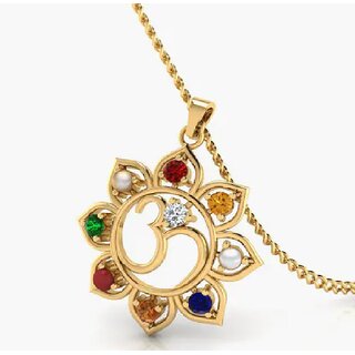                       OM Round Flower navaratna pendant Gold-plated brass navratna gemstone Pendant                                              