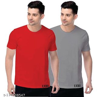 Poly Blend Red Short Sleeves Solid Tshirts (Pack of 2)