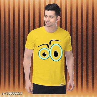                       Poly Blend Yellow Short Sleeves Printed Tshirts                                              