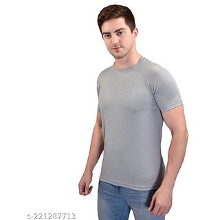                       Poly Blend Grey Short Sleeves Solid Tshirts                                              