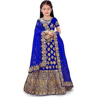                       Heaven Blue Girls Taffeta Satin Semistitched Embroidered Lehenga Choli  Ghagra Choli Dupatta Set                                              