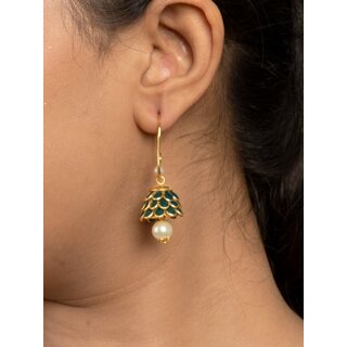                       Anika Pachi Jhumka Earrings (Green  White Pearls)                                              