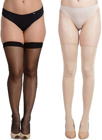 eDESIRE 2-Pair Women Girls Half Long Stretchable Plain Nylon Stocking Pantyhose (Color-Black,Skin/Beige)