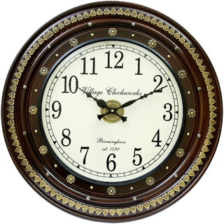 Royal Craft Palace Handcrafted with intricate brass emboss design work/ Round shape Analog Wooden Clock (18 Inch)