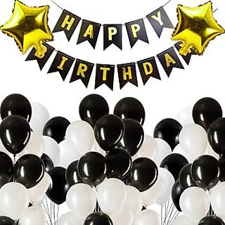                       Happy Birthday Banner(Black), Gold Star(16 inch)  Balloons(Black  White) Combo for Birthday Party Decoration                                              
