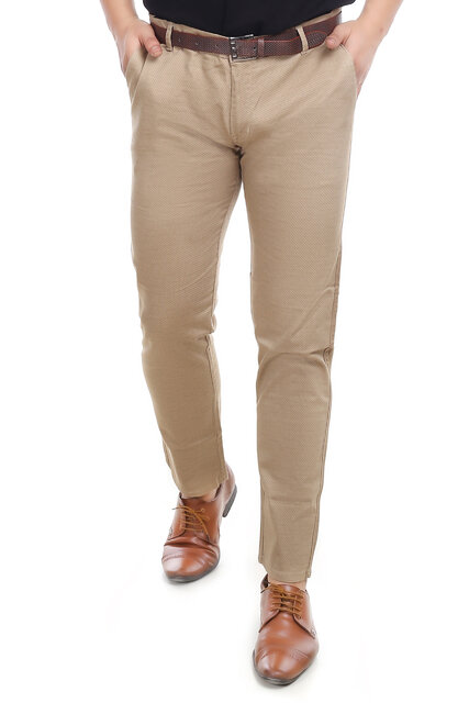 BASICS TAPERED FIT GREIGE BROWN COTTON STRETCH TROUSERS-23BTR50297