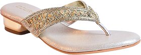 OZURI Women's Embellished V Shape Ethnic Gold Flat Sandals