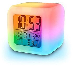 Wox Cube Square Plastic 7 Color Changing Glowing LED Digital Alarm Desk Clock Night Table Watch (Assorted Color)