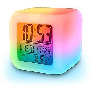                       Wox Cube Square Plastic 7 Color Changing Glowing LED Digital Alarm Desk Clock Night Table Watch (Assorted Color)                                              
