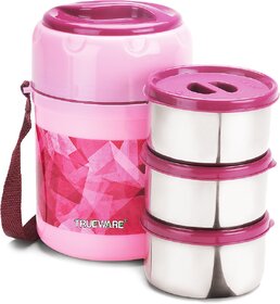 Trueware Ofce plus 3 Lunch Box 3 Stainless Steel Containers Tifn Insulated Lunch Box 300 ml x 3-Pink 3 Containers Lunch Box (900 ml, Thermoware)