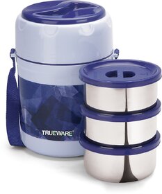 Trueware Ofce plus 3 Lunch Box 3 Stainless Steel Containers Tifn Insulated Lunch Box 300 ml x 3-Blue 3 Containers Lunch Box (900 ml, Thermoware)