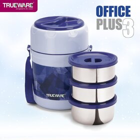 Trueware Office Plus 3 Stainless Steel Containers Tiffin Insulated Lunch Box 300 ml x 3 3 Containers Lunch Box (900 ml, Thermoware)