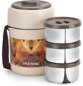 Trueware Ofce plus 3 Lunch Box 3 Stainless Steel Containers Tifn Insulated Lunch Box 300 ml x 3-Brown 3 Containers Lunch Box (900 ml, Thermoware)