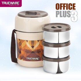 Trueware Office Plus 3 Stainless Steel Containers Tiffin Insulated Lunch Box 300 ml x 3 3 Containers Lunch Box (900 ml, Thermoware)