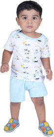 Kid Kupboard Cotton Baby Boys T-Shirt and Short, White and Blue, Half-Sleeves, Crew Neck, 1-2 Years