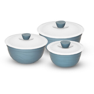                       Trueware Rio Microwave Safe Unbrakable Serving bowl set of 3 Steel, Plastic Serving Bowl (Blue, Pack of 3)                                              