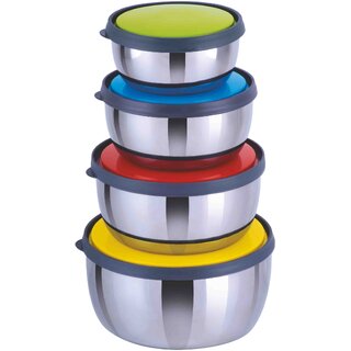                       Trueware Stainless steel bowl set of 4 with multicolor Airtight Lid Stainless Steel Storage Bowl (Steel, Pack of 4)                                              