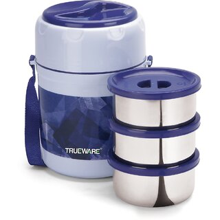                       Trueware Ofce plus 3 Lunch Box 3 Stainless Steel Containers Tifn Insulated Lunch Box 300 ml x 3-Blue 3 Containers Lunch Box (900 ml, Thermoware)                                              
