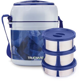                       Trueware Ofce plus 2 Lunch Box 3 Stainless Steel Containers Tifn Insulated Lunch Box 300 ml x 2, 200 ml x 1-Blue 3 Containers Lunch Box (800 ml, Thermoware)                                              