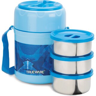                       Trueware Ofce plus 3 Lunch Box 3 Stainless Steel Containers Tifn Insulated Lunch Box 300 ml x 3-Sky Blue 3 Containers Lunch Box (900 ml, Thermoware)                                              