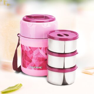                       Trueware Office Plus 3 Stainless Steel Containers Tiffin Insulated Lunch Box 300 ml x 3 3 Containers Lunch Box (900 ml, Thermoware)                                              
