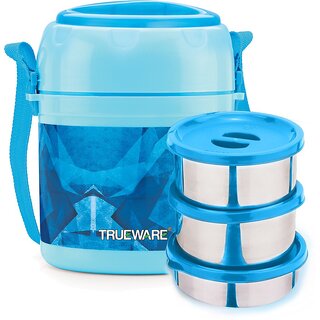                       Trueware Ofce plus 22 Lunch Box 3 Stainless Steel Containers Tifn Insulated Lunch Box 300 ml x 2, 200 ml x 1-Sky Blue 3 Containers Lunch Box (800 ml, Thermoware)                                              