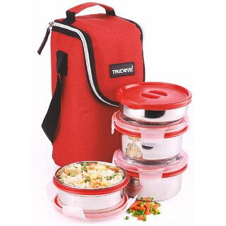                       Trueware Neo Fresh Stainless Steel Lunch Box -RedTiffin Box With Bag for Office,College,School 4 Containers Lunch Box (1250 ml)                                              