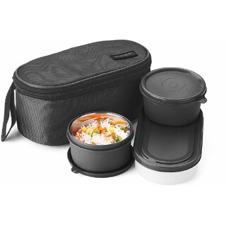                       Trueware Nutri Fresh 2+1 Insulated Stainless Steel Lunch Box -BlackTiffin Box With Bag for Office,College,School 3 Containers Lunch Box (1100 ml)                                              