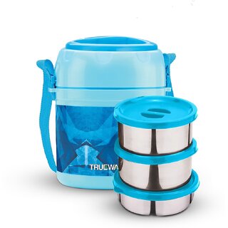                       Trueware Office Plus 2 Lunch Box 3 Stainless Steel Containers300 ml x 2,200 ml x 1-Blue 3 Containers Lunch Box (1050 ml, Thermoware)                                              