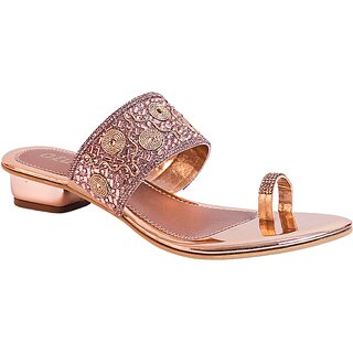                       OZURI Women's Embroidered Ethnic One Toe Rose Gold Flat Sandals                                              