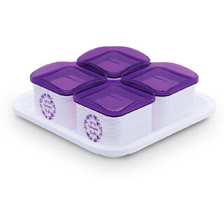                       Trueware Daffodil Plastic Airtight Storage Container 4 Pcs, 500ML Each with Tray-Purple  - 500 ml, 500 ml, 500 ml, 500 ml Plastic Cookie Jar (Pack of 5, Purple)                                              