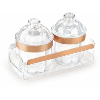                       Trueware Kimora Set Of 2 Pcs With Tray, Serving Set 500ml Each Container- Gold  - 500 ml Plastic Cookie Jar (Pack of 2, Clear, Gold)                                              