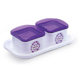                       Trueware Daffodil Storage Container (Set of 2 pcs with tray)Unbreakable Airtight Cookies, Dryfruit Container set for Serving- Purple  - 500 ml, 500 ml Plastic Cookie Jar (Pack of 3, Purple, White)                                              