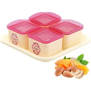                       Trueware Daffodil Storage Container 500 ml (Set of 4 pcs with tray)- Pink  - 500 ml, 500 ml, 500 ml, 500 ml Plastic Cookie Jar (Pack of 5, Pink)                                              