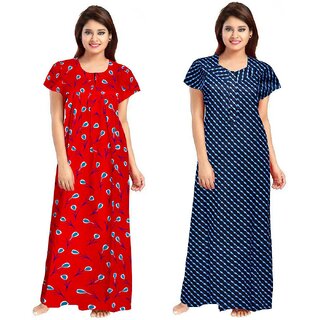                       Cauchy Red, Blue Cotton Printed Nighty For Women (Pack of 2)                                              