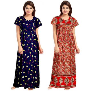                       Fab Collection Blue Cotton Floral Nighty For Women (Pack of 2)                                              