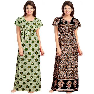                       Cauchy Multicolor Cotton Printed Nighty For Women (Pack of 2)                                              