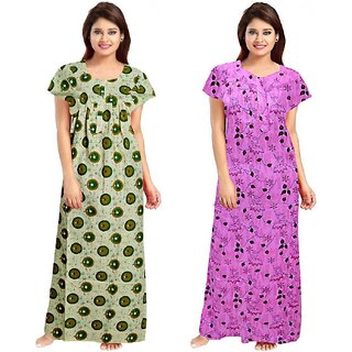                       Cauchy Multicolor Cotton Floral Nighty For Women (Pack of 2)                                              