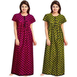                       Cauchy Purple, Green Cotton Printed Nighty For Women (Pack of 2)                                              