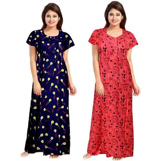                       Cauchy Multicolor Cotton Floral Nighty For Women (Pack of 2)                                              