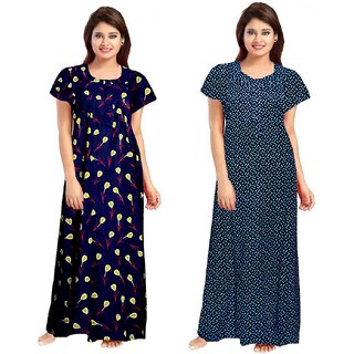                       Cauchy Blue Cotton Printed Nighty For Women (Pack of 2)                                              