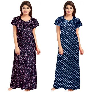                       Cauchy Purple, Blue Cotton Floral Nighty For Women (Pack of 2)                                              