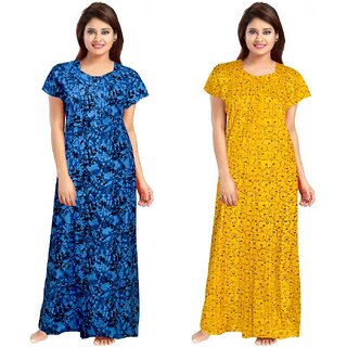                      Cauchy Yellow, Blue Cotton Printed Nighty For Women (Pack of 2)                                              