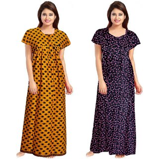                       Cauchy Purple Cotton Printed Nighty For Women (Pack of 2)                                              