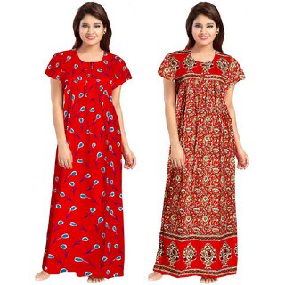                       Cauchy Brown, Red Cotton Printed Nighty For Women (Pack of 2)                                              