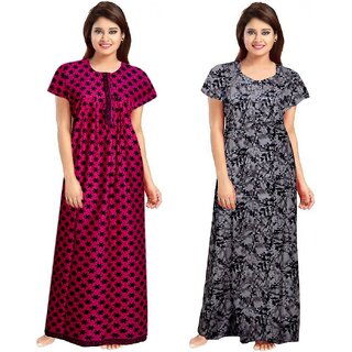                       Cauchy Purple, Grey Cotton Printed Nighty For Women (Pack of 2)                                              