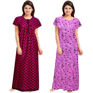                       Cauchy Pink, Purple Cotton Floral Nighty For Women (Pack of 2)                                              